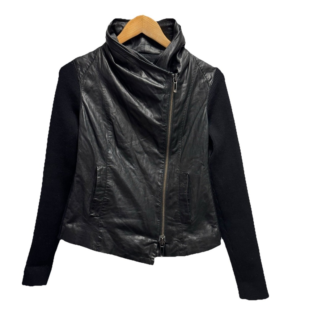 Vince Womens XS Black Full Asymmetric Zip Leather Motorcycle Jacket Wool Sleeves